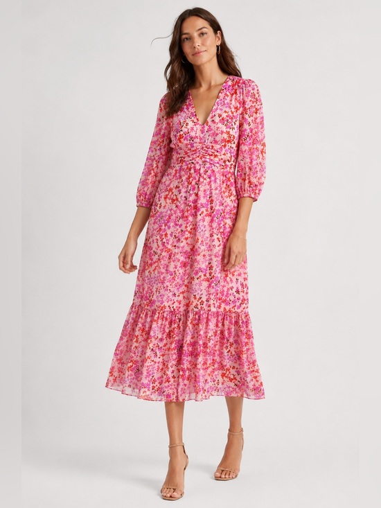 Dkny Dresses & Skirts - DKNY Pink Floral V-Neck Tiered Midi Garden Summer Wedding Guest Dress